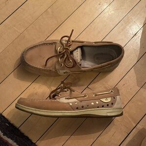 Sperry Tan and Gold shiny dot Boat Shoes